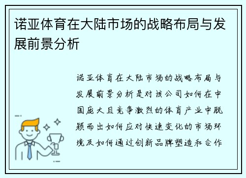 诺亚体育在大陆市场的战略布局与发展前景分析