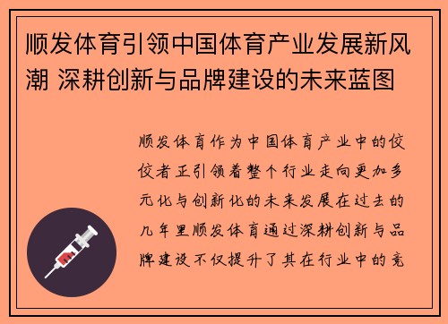 顺发体育引领中国体育产业发展新风潮 深耕创新与品牌建设的未来蓝图